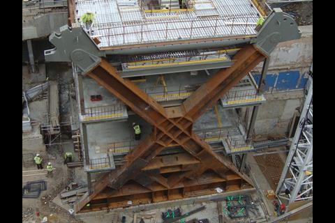 The steel structures which transfer the loads from the cantilevers into the ground will be encased in concrete to help prevent buckling